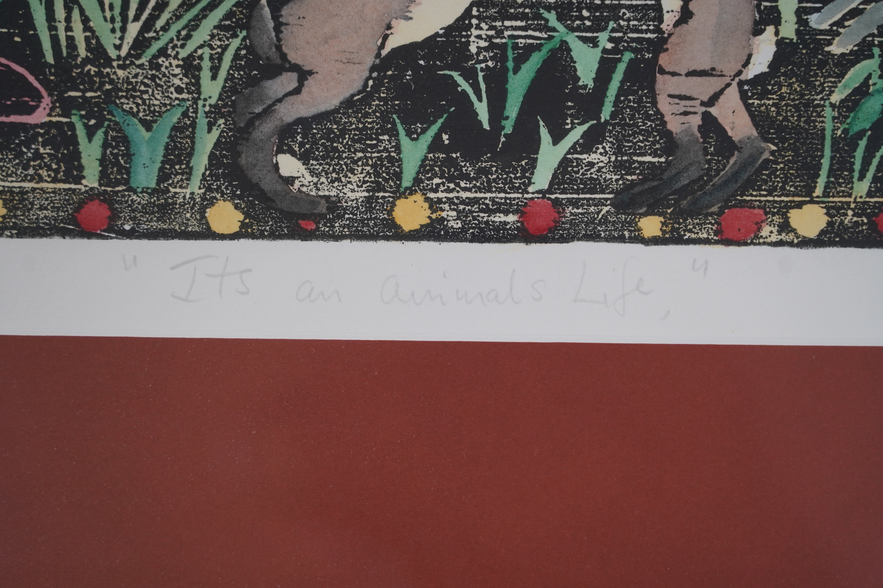 Emily Smith Polyblank, linocut, 'It's an animals life', signed in pencil, limited edition 39/100, 26 x 70cm